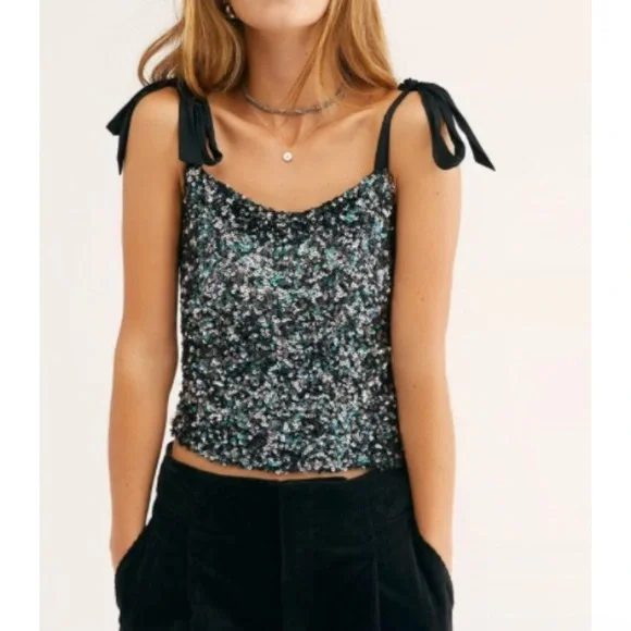 FREE PEOPLE Hey Girl Sequin Cami in Night Size M - Picture 1 of 5